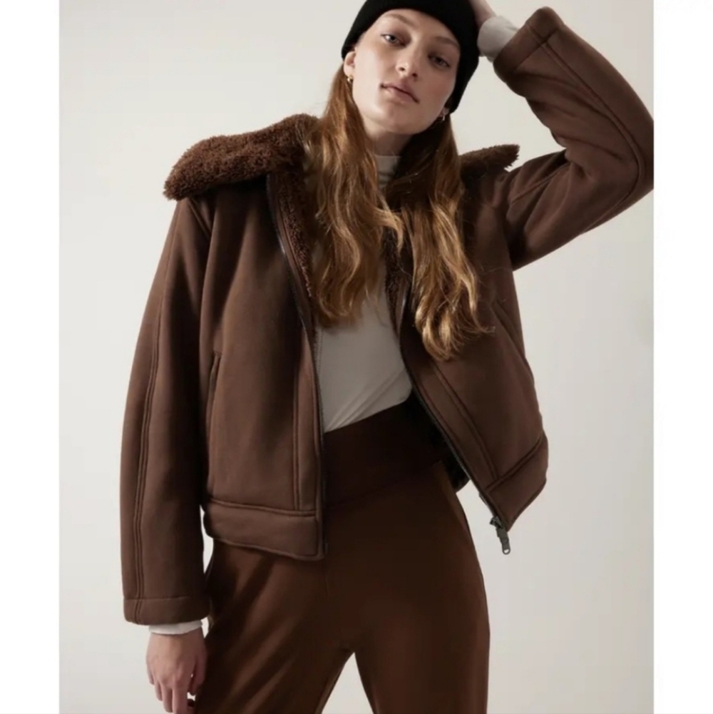 Athleta Westbound Jacket Size Large Sherpa Lined Bomber Coat Brown Heavy